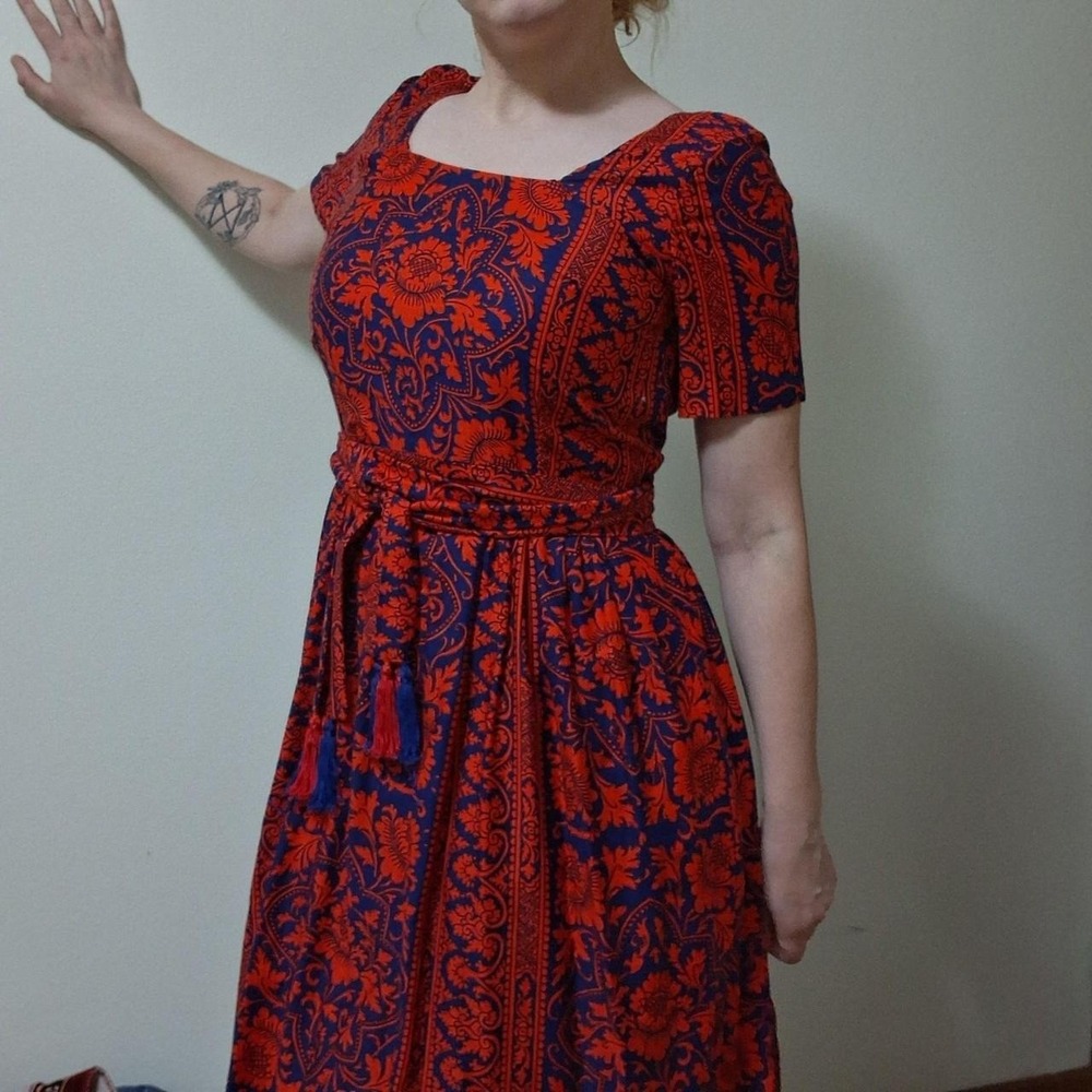 Vintage Handmade 70s Damask Tassel‎ Maxi Dress M